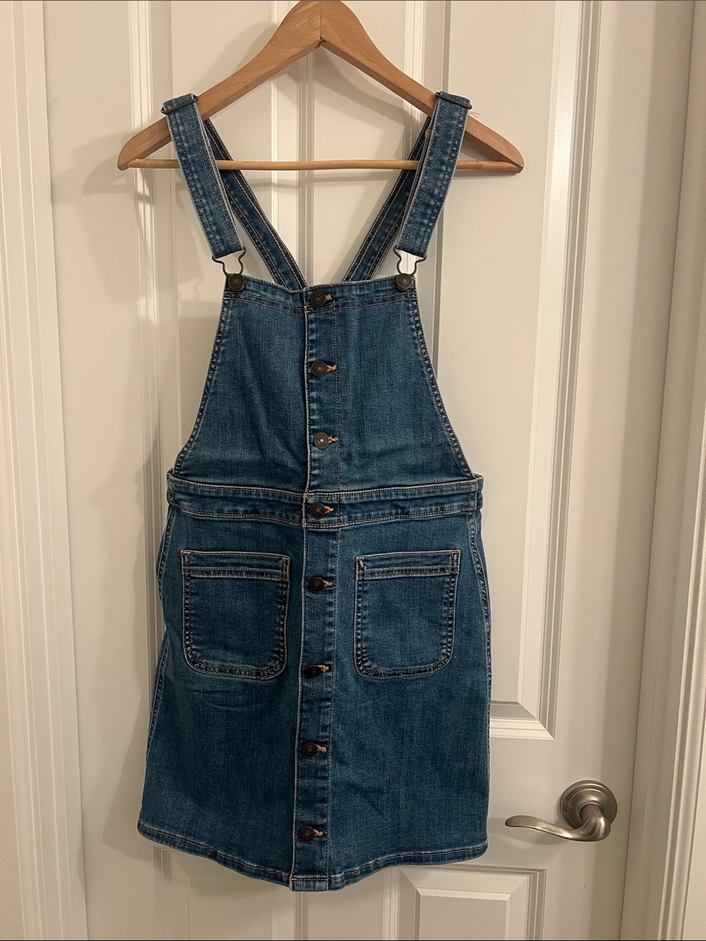 American Eagle Denim Button-Front Overall Dress in Classic Blue